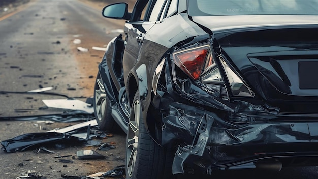 Achterkant van zwarte auto beschadigd door ongeluk op de weg