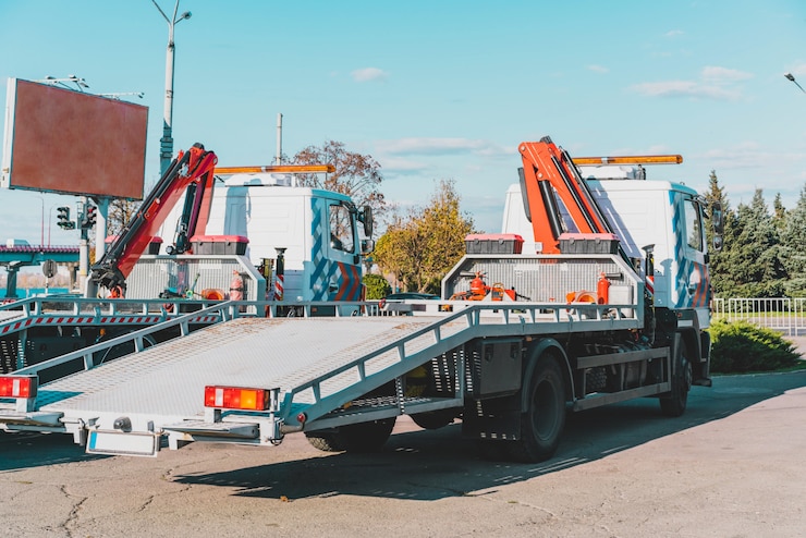 Achtermening van nieuwe slepenvrachtwagens die dichtbij de weg in de stad worden geparkeerd.