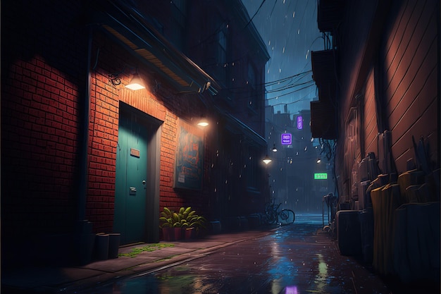 Achterstraatsteeg met oude stadshuizen in de regen 's nachts Kleurrijke cartoon moderne illustratie goed voor uw ontwerp AI