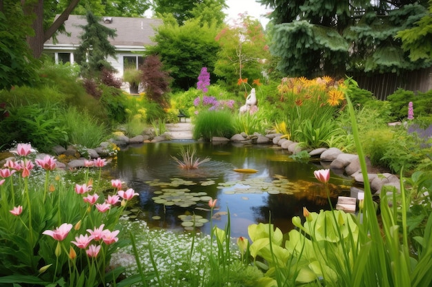 Achtertuinvijver omgeven door bloeiende bloemen en groen