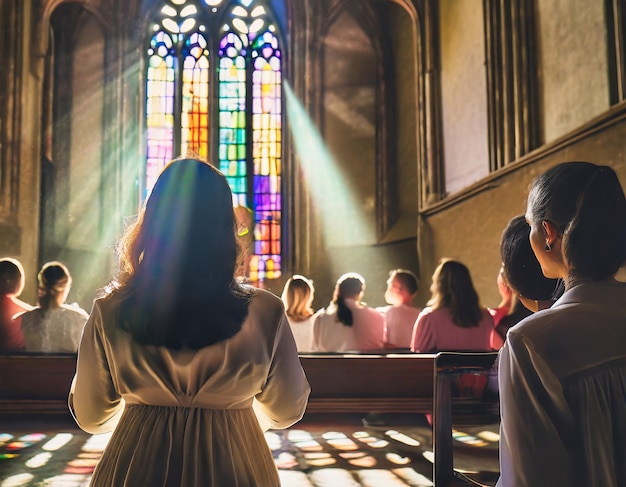 Foto achteruitzicht op een divers koor dat harmoniseert in een historische kerk. glasramen filteren het zonlicht.