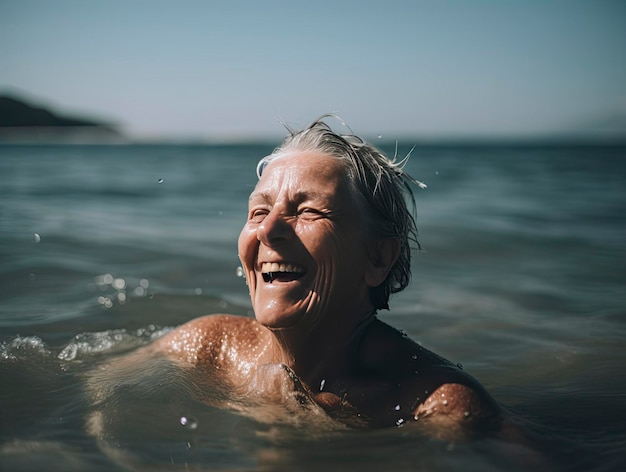 Achtjarige vrouw badend in de zee Illustratie gegenereerd door AI