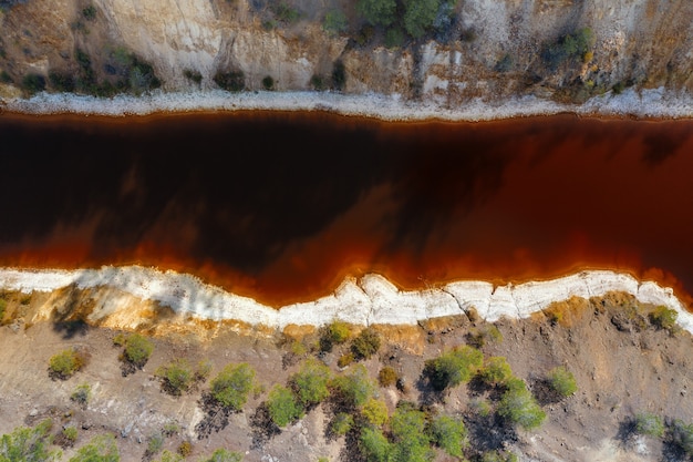 Acid mine drainage, toxic water in abandoned pyrite mine,\
aerial view directly above