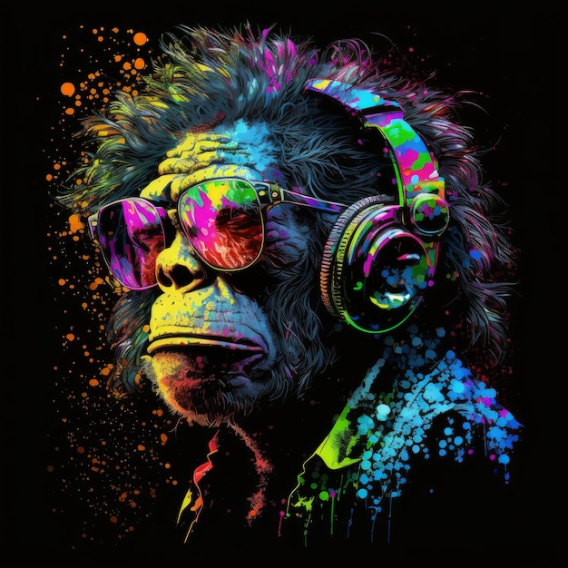 Кислотная поп красочная обезьяна с волосами в наушниках на черном фоне генеративный ИИ
