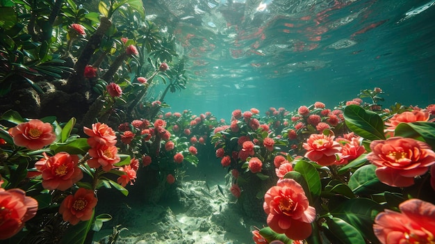 Ackee hovering above the crystal clear water beside palm leaves wide lens ultra