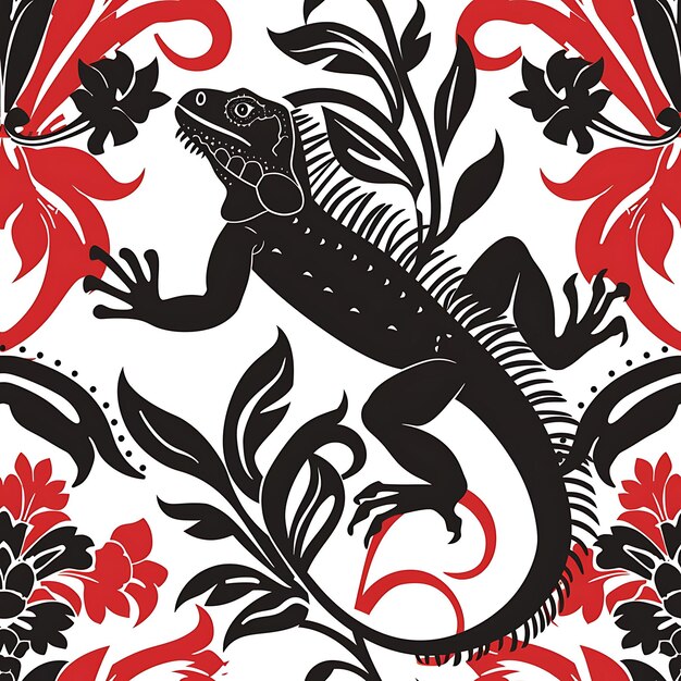 Ackee With Iguana Silhouette and Simplify Design With Arabes Pattern Tile Seamless Art Tattoo Ink