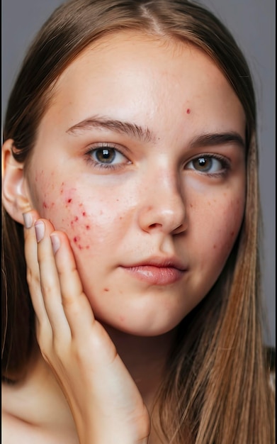 Acne teenage girl with the pimples on her face problematic skin closeup