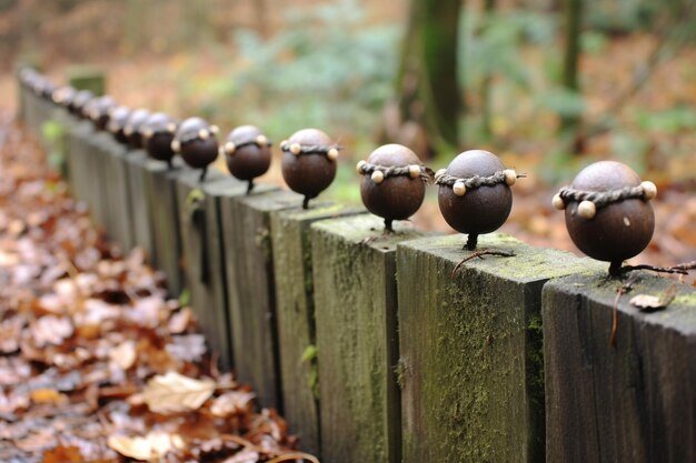 Photo acorns arranged in a line on a fence post