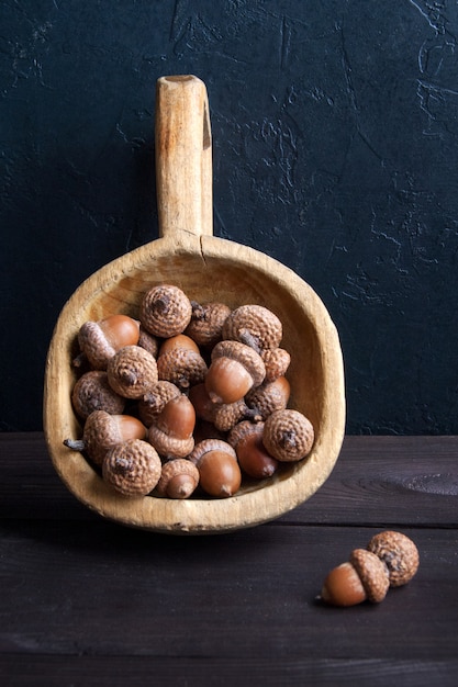 Acorns on wooden brown background