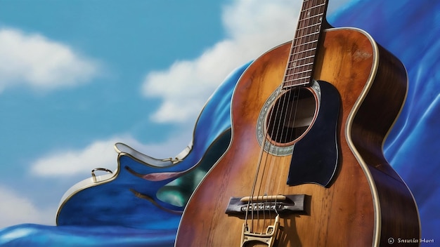 Acoustic classic guitar head on blue background