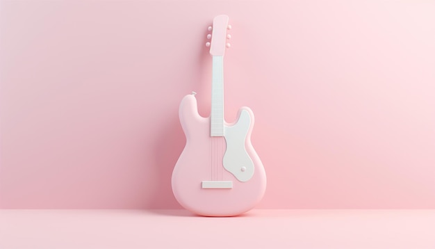Photo acoustic classic guitar on pink background 3d cartoon guitar with copy space 3d rendering image