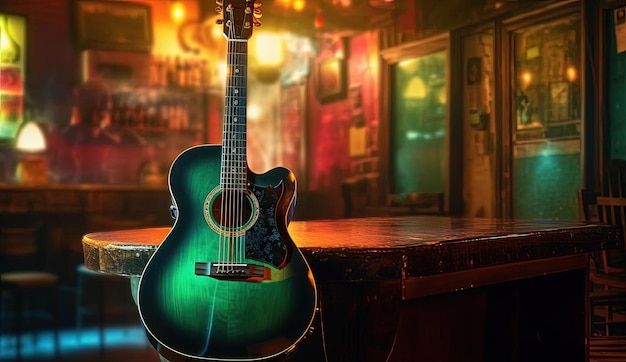 Acoustic guitar in a bar with lights in the style of light teal and dark yellow