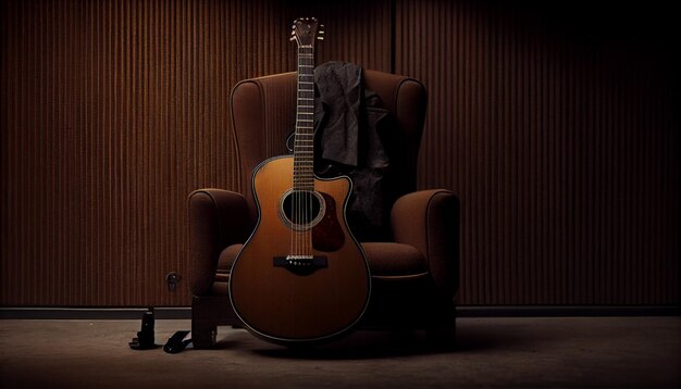 Acoustic guitar on a chair and closeup brown guitar