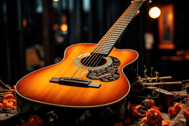 Acoustic guitar closeup on a dark background