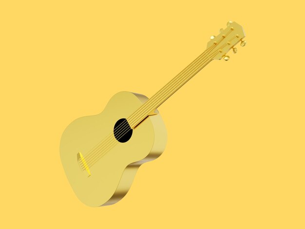 Acoustic guitar gold metal 3D rendering Icon on yellow background