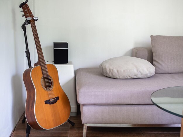 Acoustic guitar in living room Songwriter concept