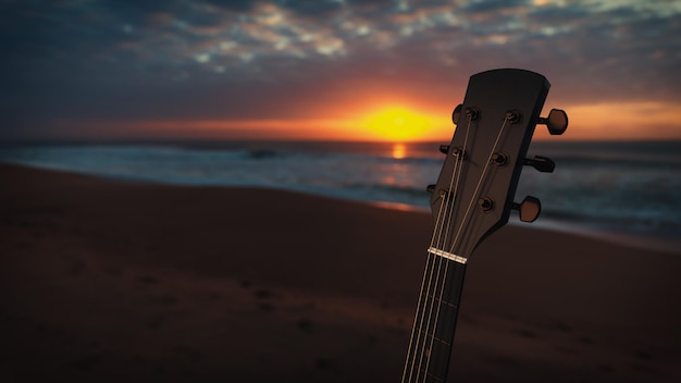 Acoustic guitar on sandy beach