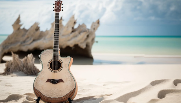 Photo acoustic guitar standing in front of a sea beach