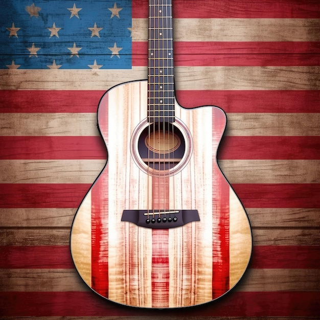 木材にアメリカ国旗のコンセプトを持つアコースティック ギター イラスト ジェネレーティブ AI