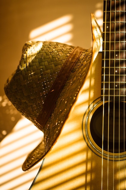 Acoustic guitar with hat on light background