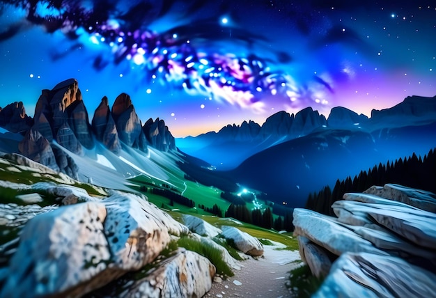 Acrhed milky way over beautifull rocks at starry night in summer in dolomites italy