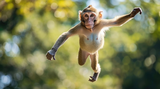 An acrobatic monkey in an aerial leap