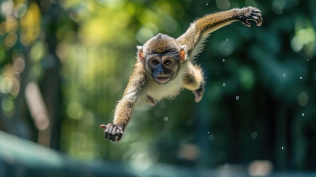 An acrobatic monkey in an aerial leap