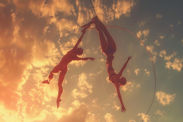 Foto acrobatisch duo dat een adembenemende luchtroute uitvoert