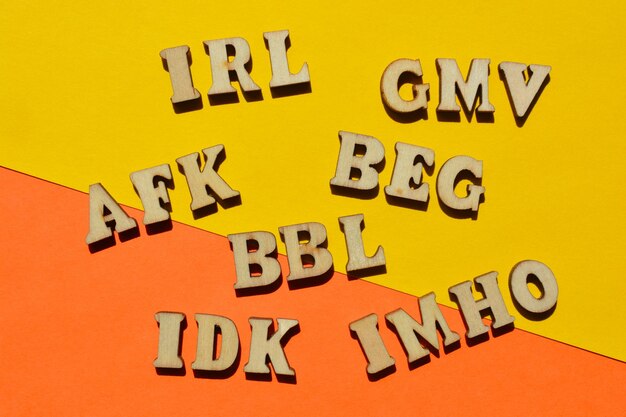 Acronyms including IRL In Real Life IDK I don't know IMHO In My Humble Opinion in wooden alphabet letters isolated on background