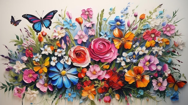 Acryl drawing of small colorful flowers and butterflies