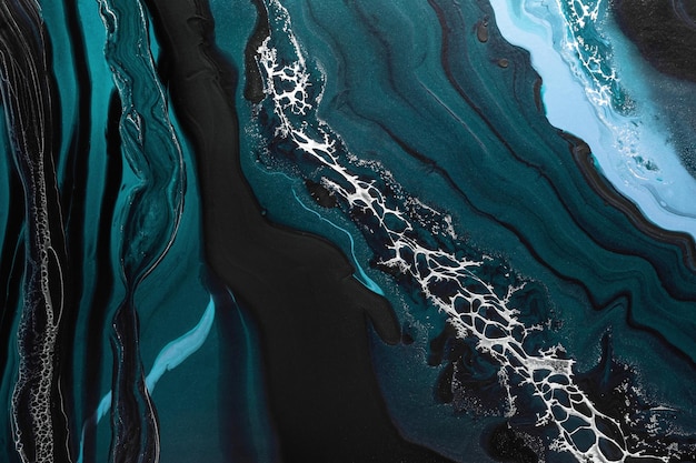 Acryl Fluid Art Donkergroene golven in abstracte oceaan en gouden schuim Marmereffect achtergrond of textuur