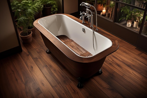 An acrylic bathtub with a wooden frame that surrounds it on a wooden floor in a bathroom