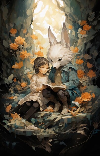 Photo acrylic fantasy painting of girl and fox