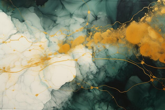 アクリル・フリュード・アート 抽象的な海と金色の泡のような波の濃い緑色の波 大理石効果の背景または質感