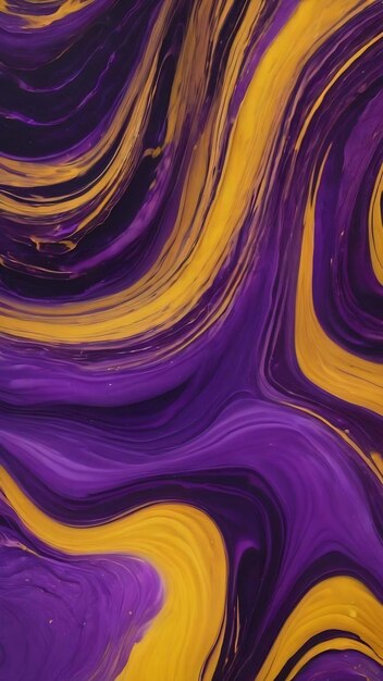 Acrylic fluid art glowing yellow waves and curls on purple background