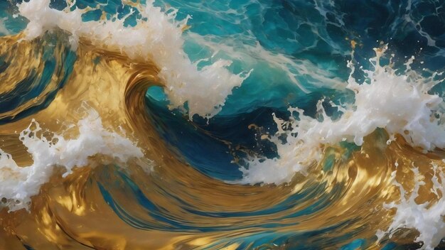 Acrylic fluid art waves in abstract ocean and golden foamy waves marble effect background or texture