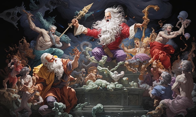 雲の中の神々やオリンポスの熱い議論を描いたアクリルイラスト