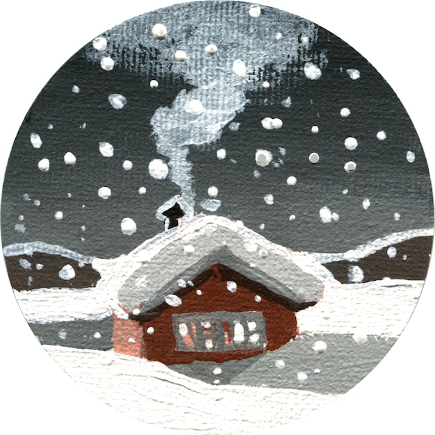 Acrylic illustration of small house in winter night with smoke from the chimney