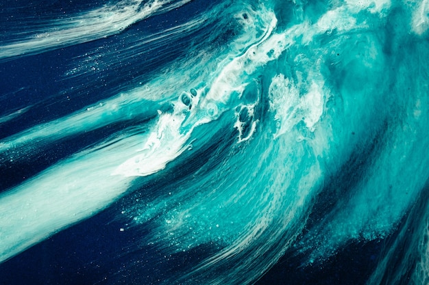 Акриловые чернила вода Морской шторм Голубой синий всплеск океанской волны с эффектом белой пены Мраморная текстура креативный дизайн Природа художественный фон Минеральная порода абстрактный узор с пятнами блесток
