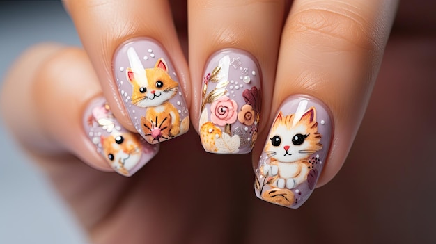 Acrylic Nails with Cute Cats Art and Boho Florals Artistic Nail Designs And Manicure