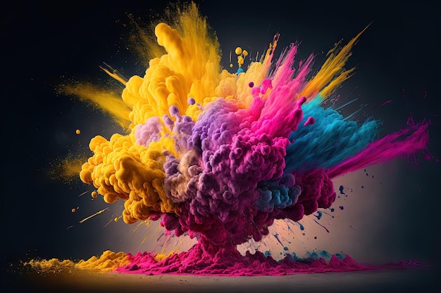 Acrylic paint backdrop with a multicolored yellow pink and smoke explosion