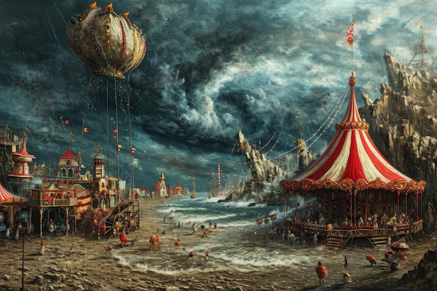 An acrylic painting capturing the vibrant atmosphere of a circus featuring a bustling scene under a grand red and white tent A carnival scene disrupted by sudden stormy winds AI Generated