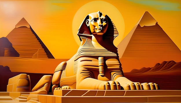 Photo an acrylic painting of a majestic sphinx with gold accents and intricate carvings on its body