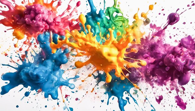 Acrylic splashes on a white background Colorful paint stains Rainbow design of colorful spots