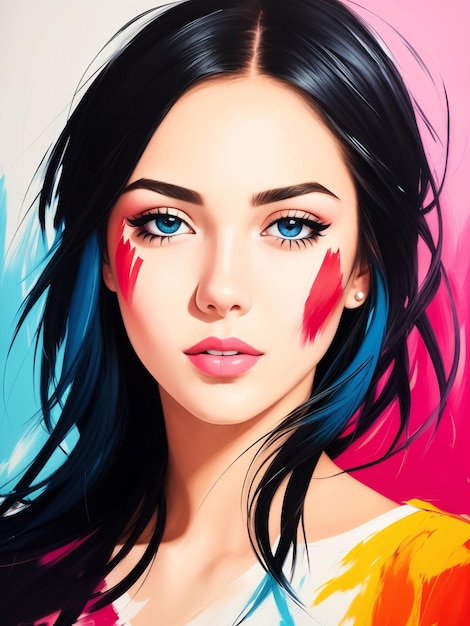 Acrylportret van een donkerbruine vrouw met blauwe ogenPop ArtDigital creative designer fashion art drawingAI illustration