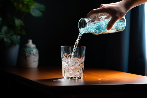 Photo the act of pouring water from a bottle into a glass a simple gesture