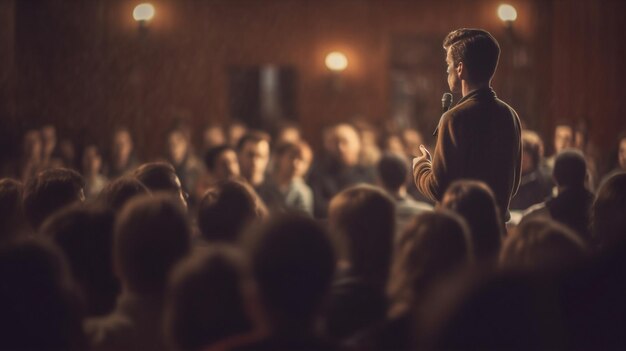 Foto acteur man spreker conferentie entertainment toespraak vrouw podium politicus persoon evenement vrouwen generatieve ai