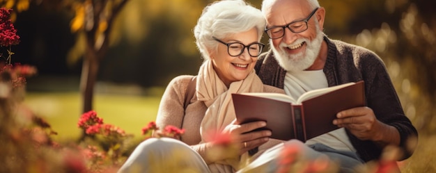 Actief gepensioneerd oud echtpaar leest een boek in het park gezonde levensstijl banner Generative Ai