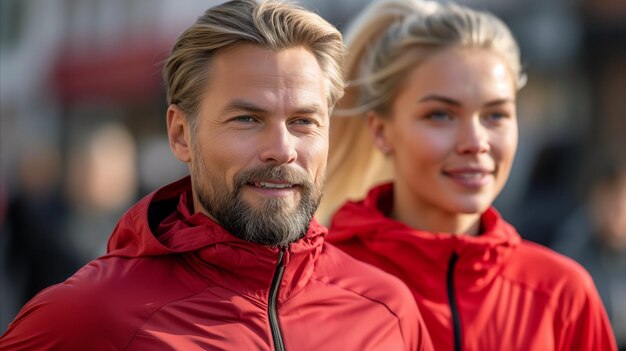 Actief koppel in rode jassen genieten van een zonnige dag buitenshuis