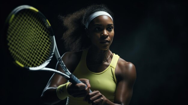 Actieportret van een vrouw die traint voor een tenniswedstrijd, zelfverzekerde en gefocuste atleet